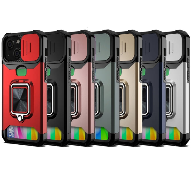 Sliding Camera Cover Design PC + TPU Shockproof Case with Ring Holder & Card Slot