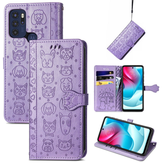 Lovely Cat and Dog Embossing Pattern Horizontal Flip Leather Phone Case with Holder & Card Slots & Wallet & Cartoon Clasp & Lanyard