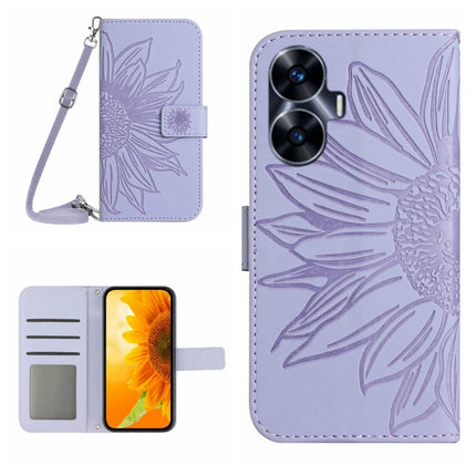 Skin Feel Sun Flower Embossed Flip Leather Phone Case with Lanyard