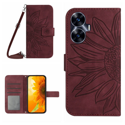 Skin Feel Sun Flower Embossed Flip Leather Phone Case with Lanyard