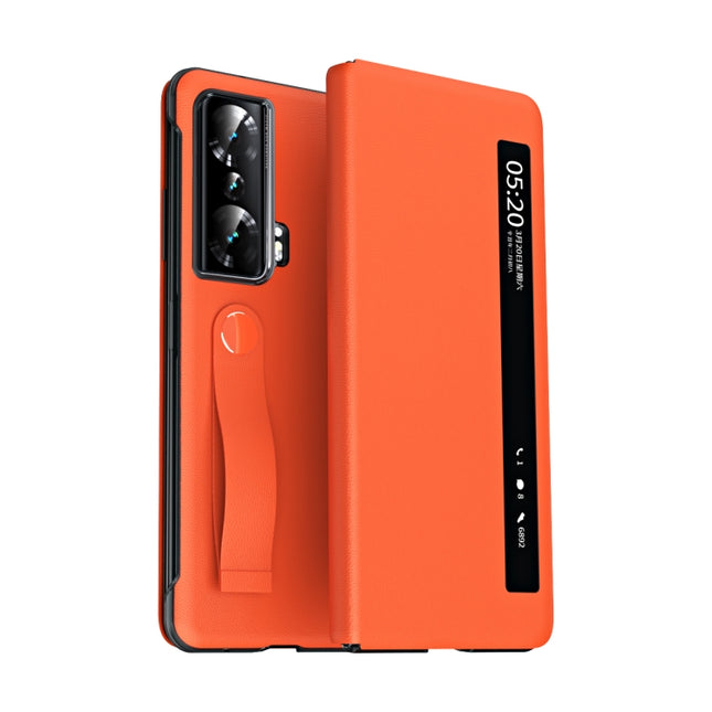 Side Window View Smart Litchi Pattern Leather Phone Case with Hand Strap