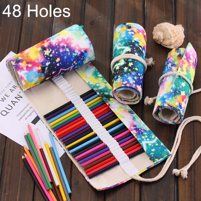 48 Slots Starry Sky Print Pen Bag Canvas Pencil Wrap Curtain Roll Up Pencil Case Stationery Pouch, 48 Slots