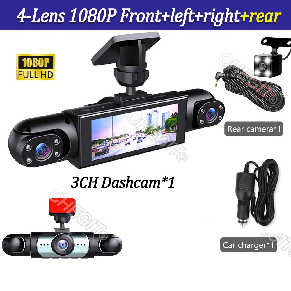 4 Lens Dashcam 360° Rotatable 1080P Video Recorder for Car DVR 3LEN ，Dvr car Night Vision Car Recording Camera Car Assecoriesda