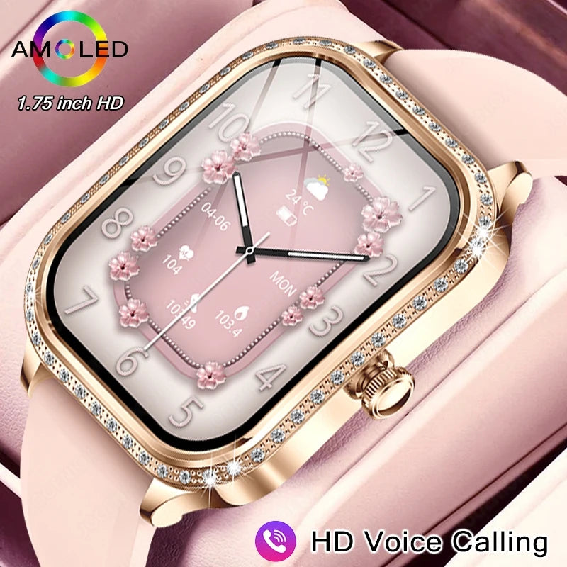 2026 New Women Smart Watch 1.75-inch 3D Curved Display Diamond-Finished Case Health Monitoring Sports Bluetooth Call Smartwatch