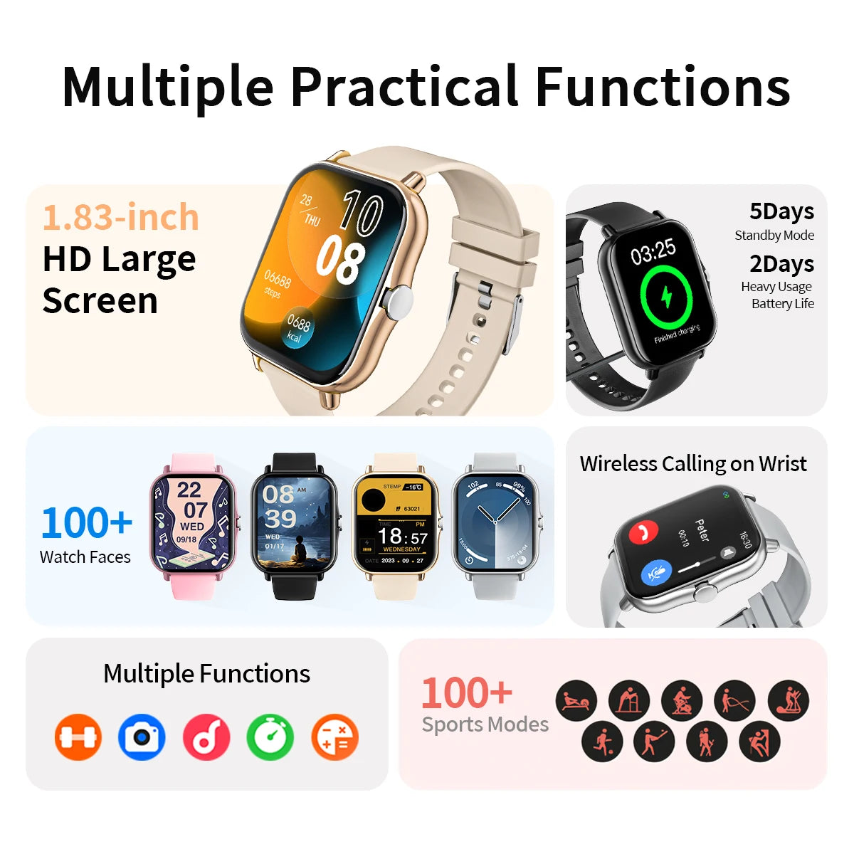 2025 Smart Watch 1.83-inch TFT Display Screen Bluetooth Calling Multiple Sport Modes Men Women Smartwatch For Android&IOS