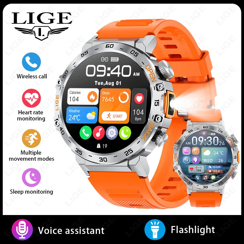 LIGE Smart Watch Men 360*360 AMOLED HD Screen Waterproof Sport Fitness Watches Flashlight New Men Smartwatch For Andrio IOS 2026