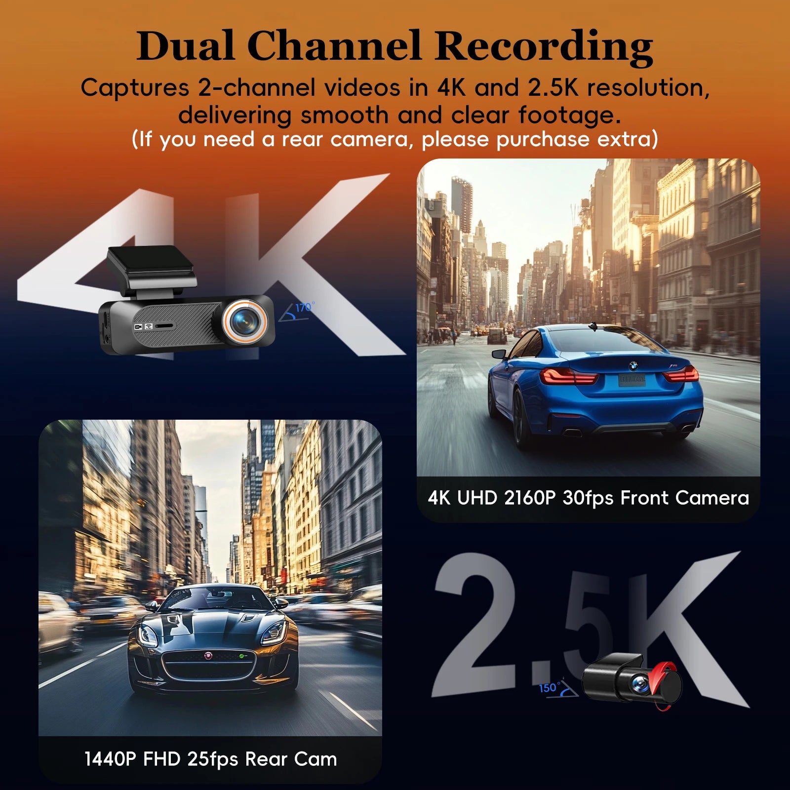 QOZ Dash Cam 4K Mini Car Dvr 2.5K Rear View Camera Support Dual Lens Built-in WIFI APP Control 24H Parking WDR Night Vision GPS