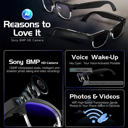2026 New Al Smart Photo Glasses 800W Camera anti-shake HD Video Recording Translation Voice Assistant Music BTCall Smart Glasses