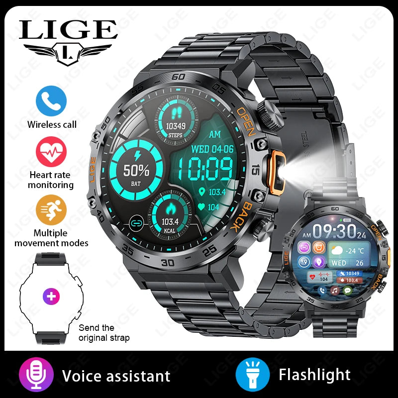 LIGE Smart Watch Men 360*360 AMOLED HD Screen Waterproof Sport Fitness Watches Flashlight New Men Smartwatch For Andrio IOS 2026