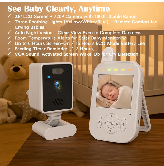 Smart Baby Monitor with 2.8" Display, 720P Camera, Cry Detection, Long Battery Life, Compact & Portable