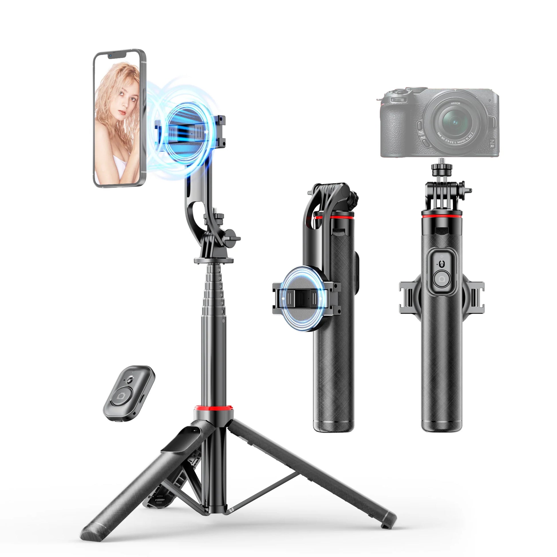 Magnetic Selfie Stick Tripod for iPhone 12-16 Pro Max Travel Stand with Magsafe Phone Clamp for Android Smartphone