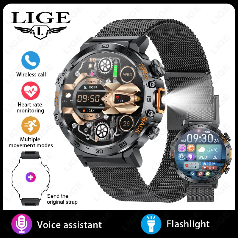 LIGE Smart Watch Men 360*360 AMOLED HD Screen Waterproof Sport Fitness Watches Flashlight New Men Smartwatch For Andrio IOS 2026