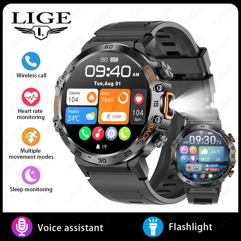 LIGE Smart Watch Men 360*360 AMOLED HD Screen Waterproof Sport Fitness Watches Flashlight New Men Smartwatch For Andrio IOS 2026