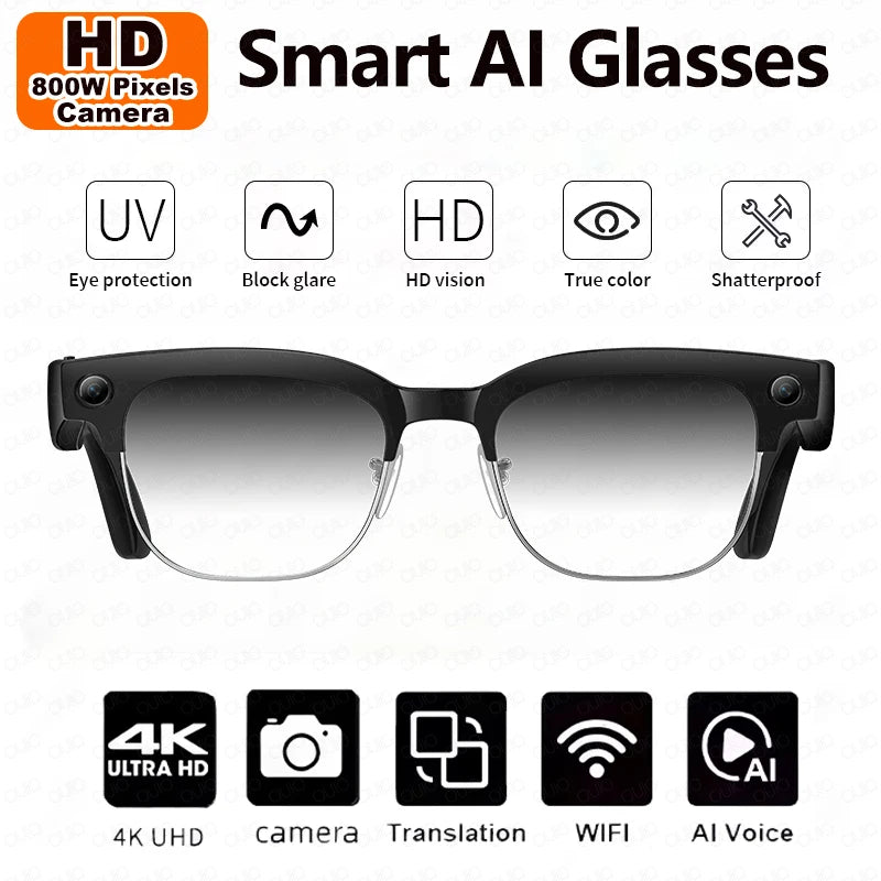 2026 New Al Smart Photo Glasses 800W Camera anti-shake HD Video Recording Translation Voice Assistant Music BTCall Smart Glasses
