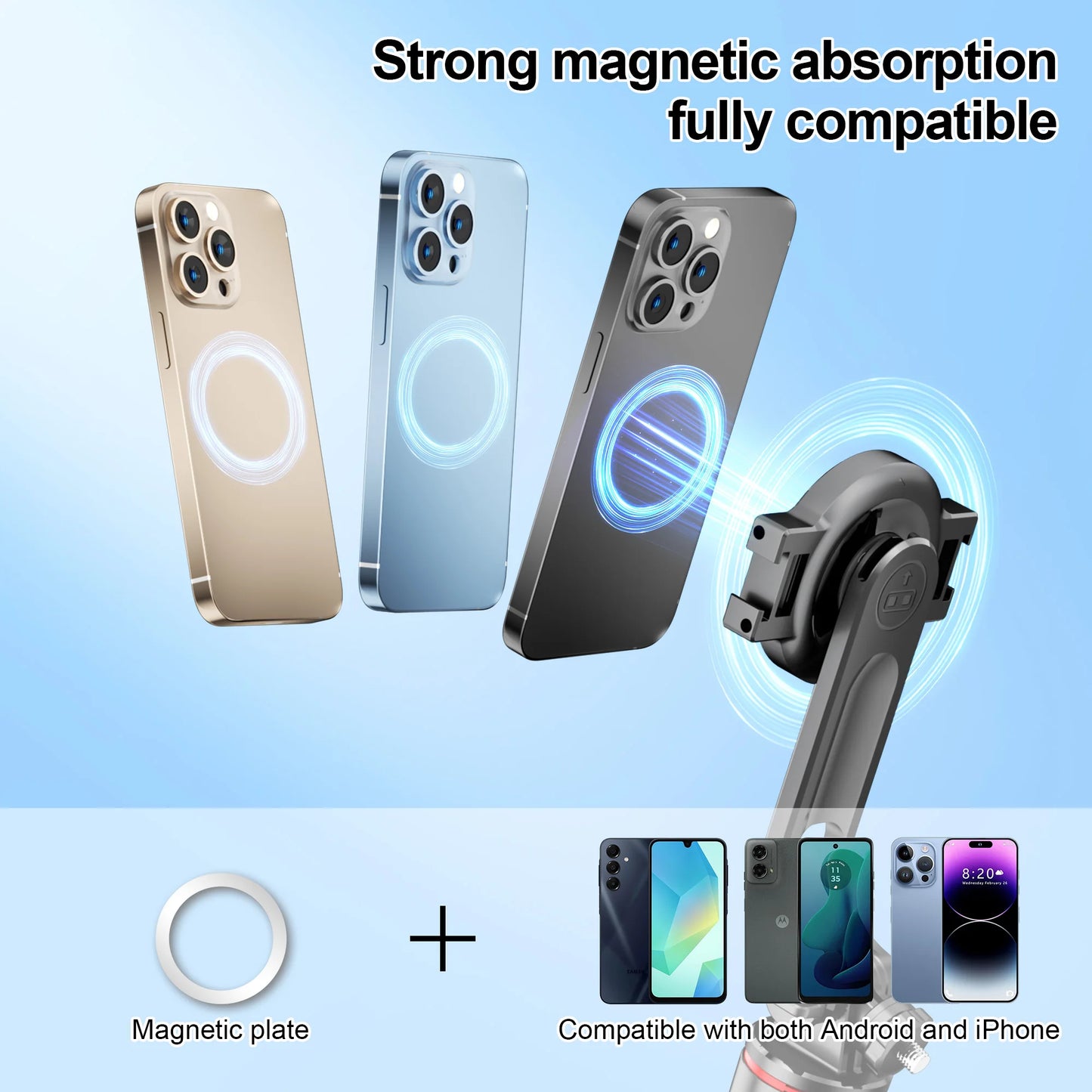 Magnetic Selfie Stick Tripod for iPhone 12-16 Pro Max Travel Stand with Magsafe Phone Clamp for Android Smartphone