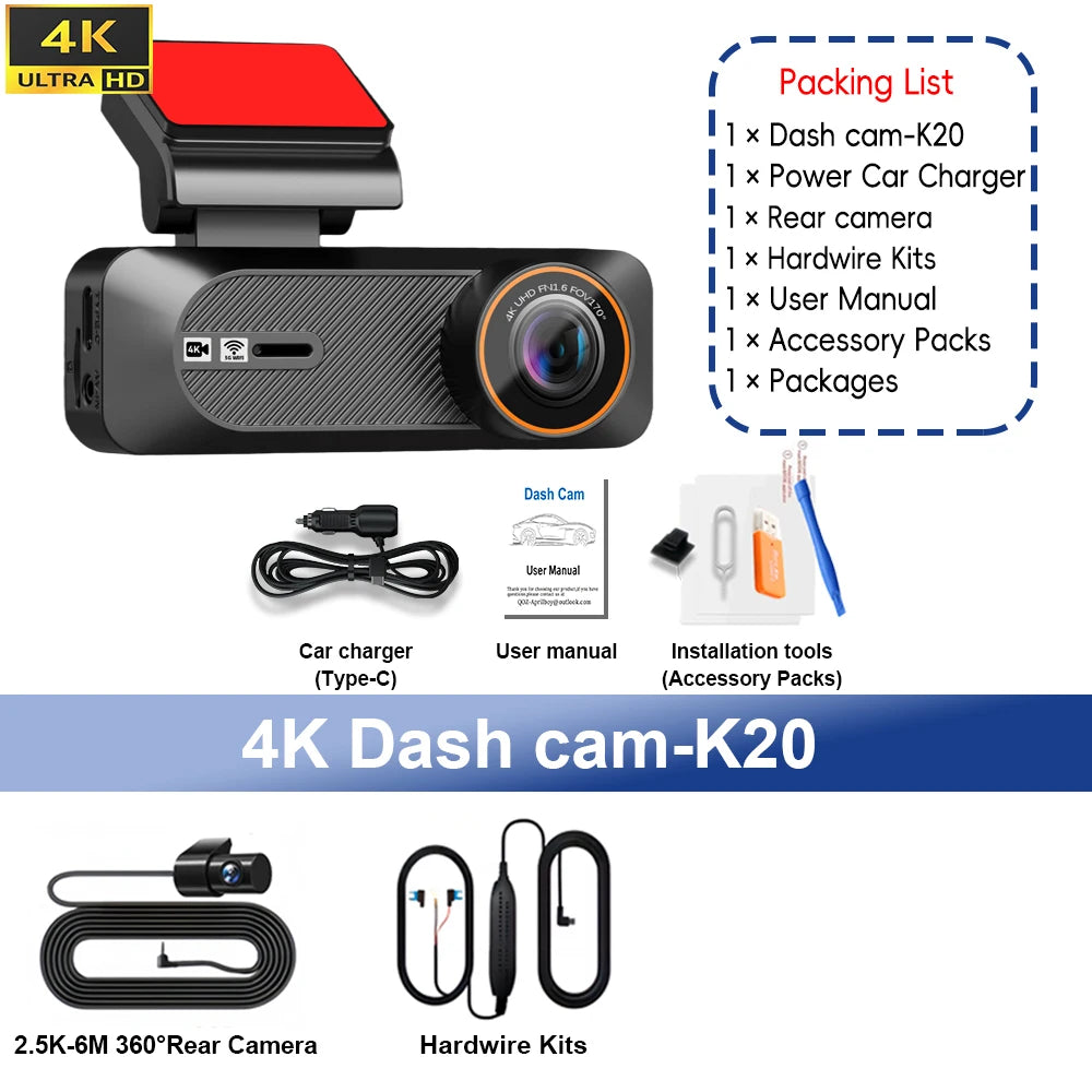 QOZ Dash Cam 4K Mini Car Dvr 2.5K Rear View Camera Support Dual Lens Built-in WIFI APP Control 24H Parking WDR Night Vision GPS