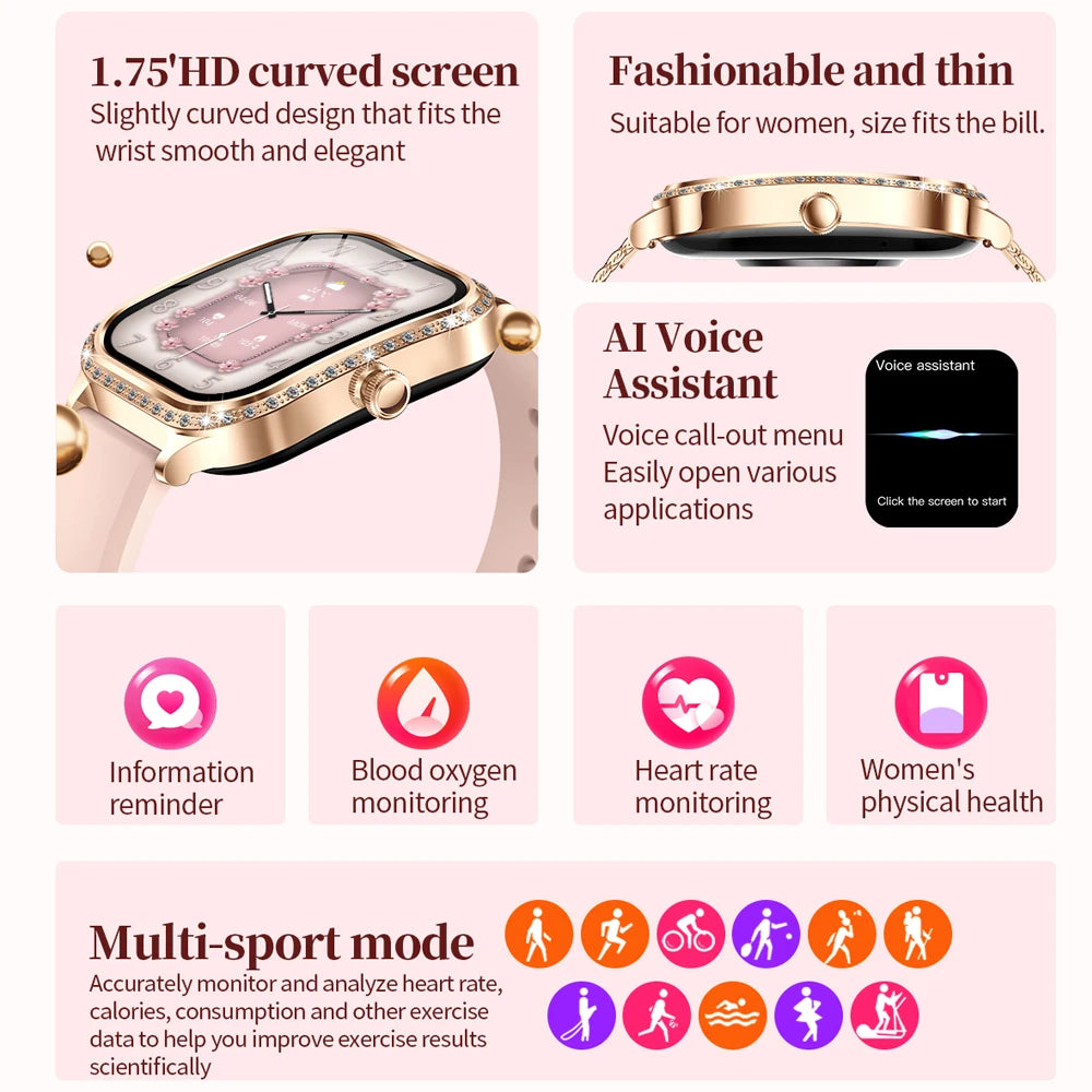 2026 New Women Smart Watch 1.75-inch 3D Curved Display Diamond-Finished Case Health Monitoring Sports Bluetooth Call Smartwatch