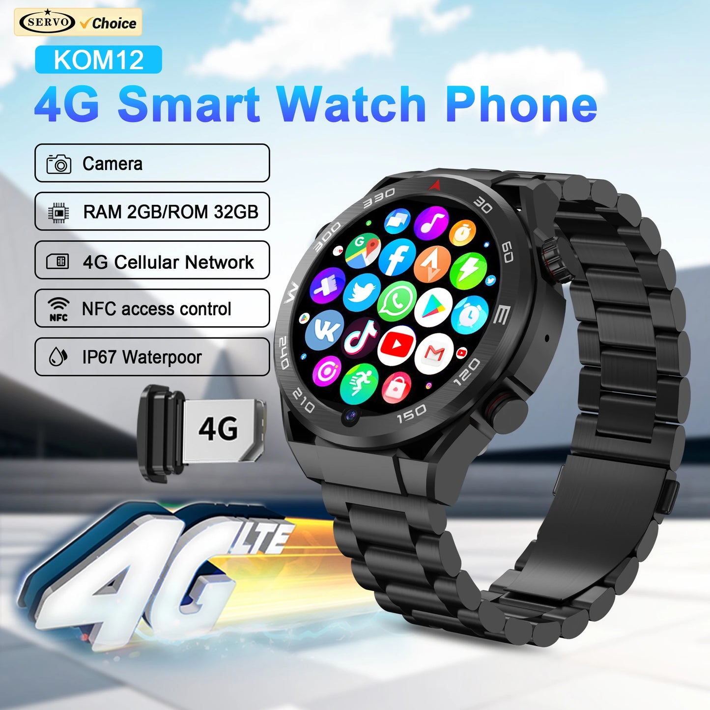 SERVO KOM12 Android OS Watch Smartphone 4G SIM Standby 1.62" Screen 2GB+32GB GPS Play Store WiFi Waterproof Smart Watch Phones
