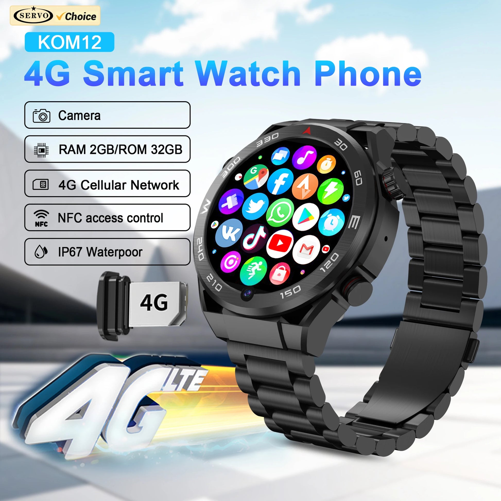 SERVO KOM12 Android OS Watch Smartphone 4G SIM Standby 1.62" Screen 2GB+32GB GPS Play Store WiFi Waterproof Smart Watch Phones