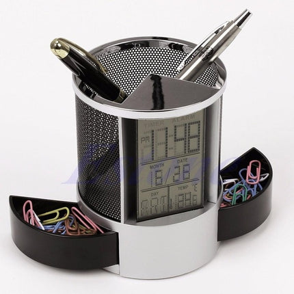 Desk Mesh Pen Pencil Holder Perpetual Calendar Office Supplies Multifunctional Digital LED Pens Storage Box