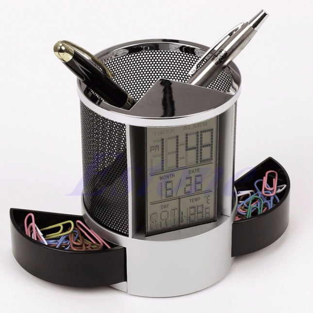Desk Mesh Pen Pencil Holder Perpetual Calendar Office Supplies Multifunctional Digital LED Pens Storage Box