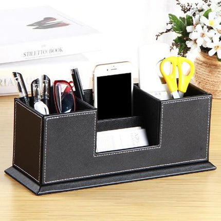 Creative Pen Support Fashion Leather Multifunctional Desktop Office Storage Pen Case Socket Double Pen Holder