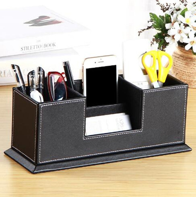Creative Pen Support Fashion Leather Multifunctional Desktop Office Storage Pen Case Socket Double Pen Holder