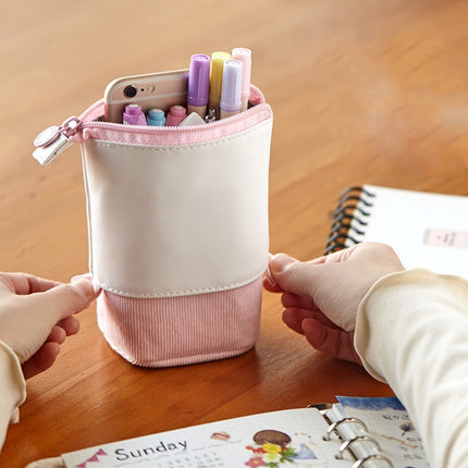 ANGOO Corduroy Retractable Drop-Down Pencil Case Student Stationery Storage Bag