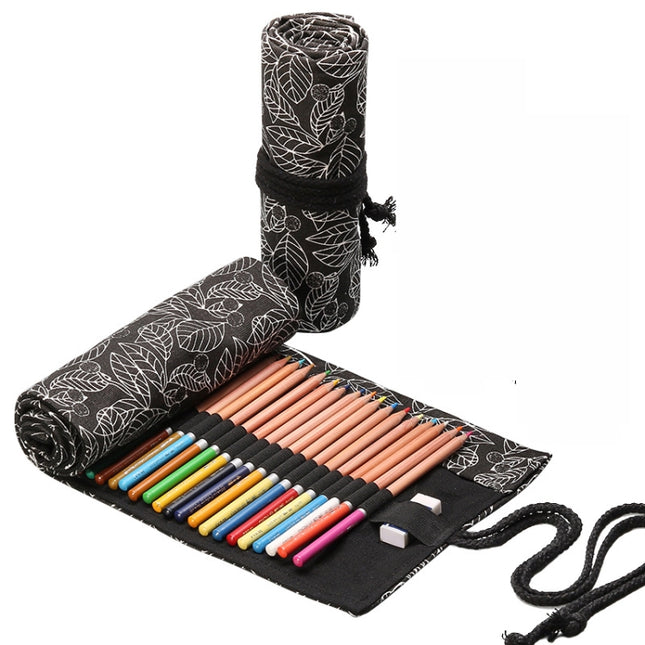 12 Holes Black Leaf Canvas Printing Pen Curtain Large Capacity Roll Pen Bag Sketch Color Lead Pen Bag