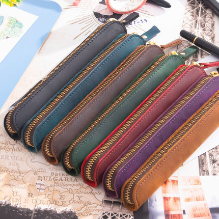 Retro Simple Leather Stylus Leather Zipper Pen Protection Case Crazy Horse Skin Mini Pen Case