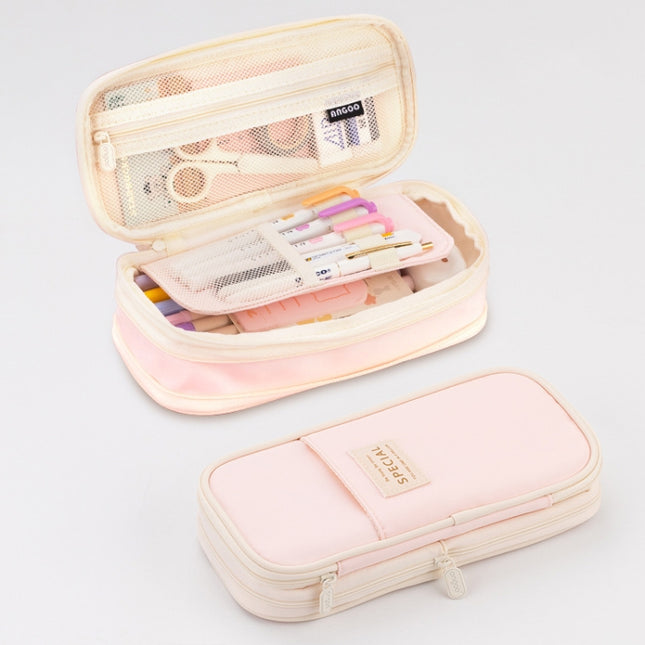 Angoo Macaron Double-layer Retractable Large-capacity Pencil Case Stationery Box, Pink, Green, Light Blue, Dark Blue, Purple