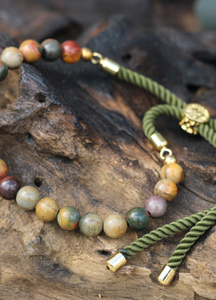 18K Gold Plated Gemstone Moss String Bracelet -  Picasso Jasper