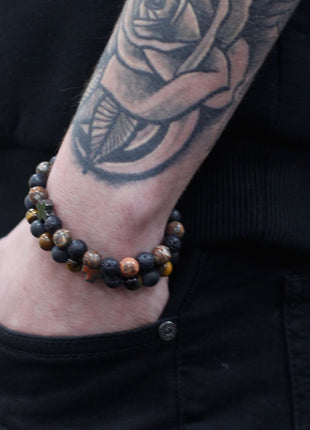 Set of 2 Gemstones Friendship Bracelets - Power - Tiger Eye & Black Stone