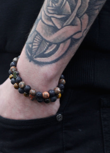 Set of 2 Gemstones Friendship Bracelets - Power - Tiger Eye & Black Stone