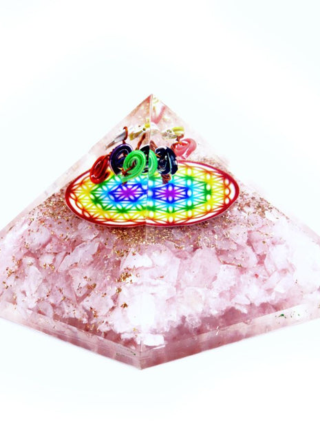 Orgonite Pyramid -  Rose Quartz Rainbow Flower of Life - 70 mm