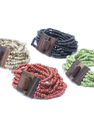 Multi-Bead Bangle Wooden Clasp - Asst Colours