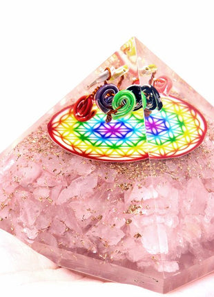 Orgonite Pyramid -  Rose Quartz Rainbow Flower of Life - 70 mm