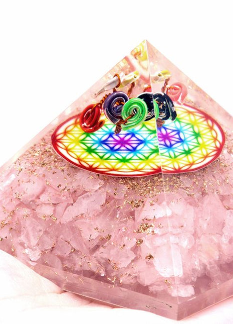 Orgonite Pyramid -  Rose Quartz Rainbow Flower of Life - 70 mm