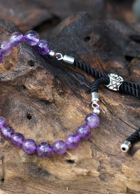 925 Silver Plated Gemstone Black String Bracelet - Amethyst