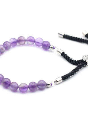 925 Silver Plated Gemstone Black String Bracelet - Amethyst