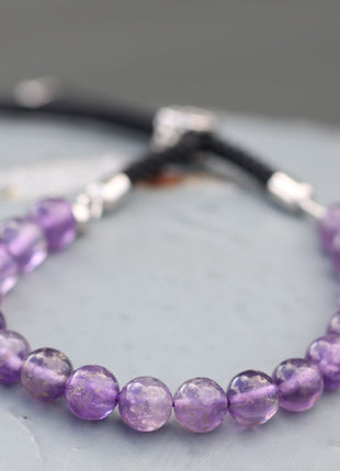 925 Silver Plated Gemstone Black String Bracelet - Amethyst
