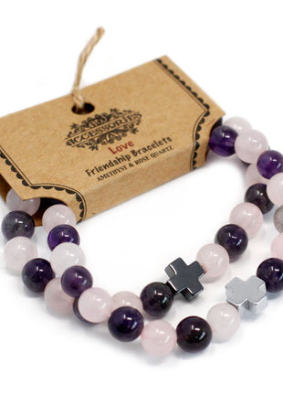 Set of 2 Gemstones Friendship Bracelets - Love - Amethyst & Rose Quartz