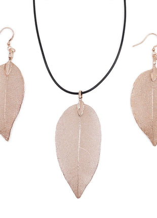 Necklace & Earring Set - Bravery Leaf - Pink Gold