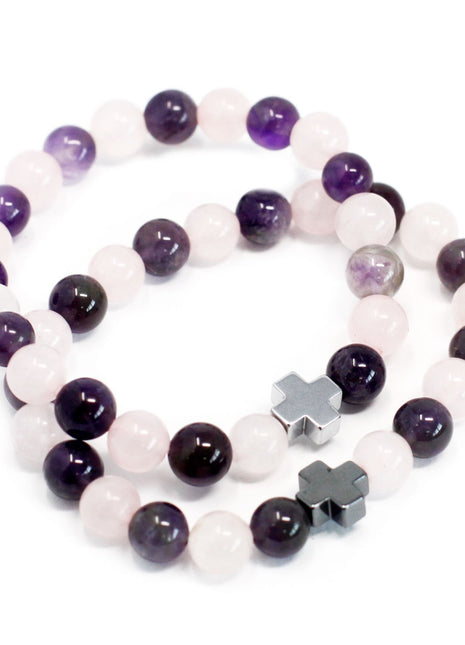 Set of 2 Gemstones Friendship Bracelets - Love - Amethyst & Rose Quartz