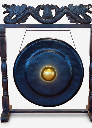 Large Gong in Brown Antique Stand - 80cm - Black