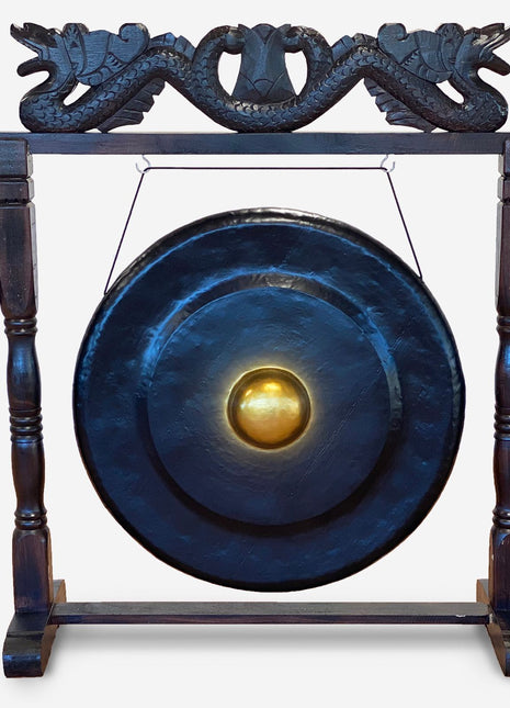 Large Gong in Brown Antique Stand - 80cm - Black