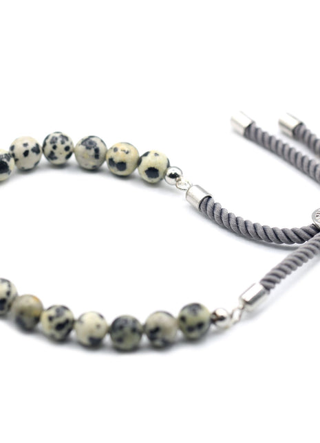 925 Silver Plated Gemstone Charcoal String Bracelet - Dalmation Jasper