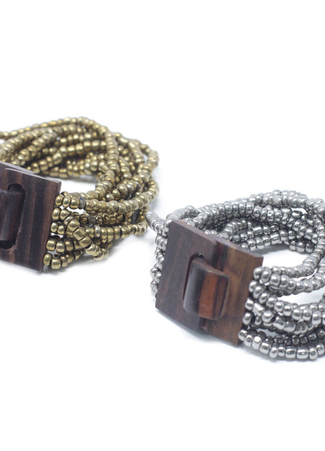 Multi-Bead Bangle Wooden Clasp - Asst Gold/Bronze