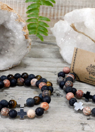 Set of 2 Gemstones Friendship Bracelets - Eternity - Leopard Skin Jasper & Lava Stone