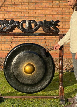 Large Gong in Brown Antique Stand - 80cm - Black